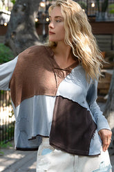 POL Color Block Notched Long Sleeve T-Shirt OutfitFlow